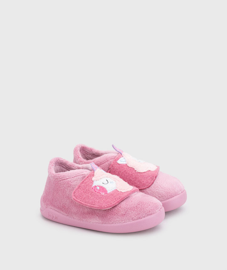 Pantufas infantis cor-de-rosa com unicórnio em velcro