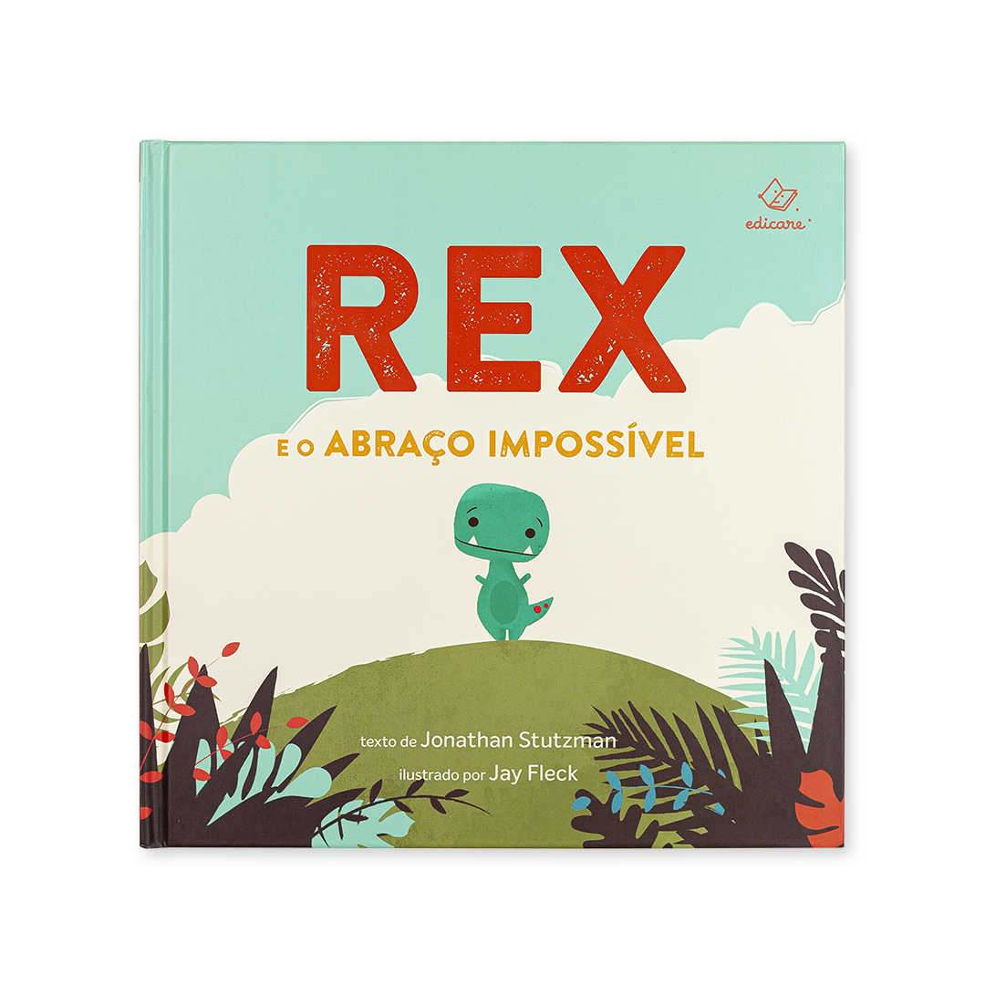 Capa do livro infantil Rex e o Abraço Impossível com dinossauro verde na colina