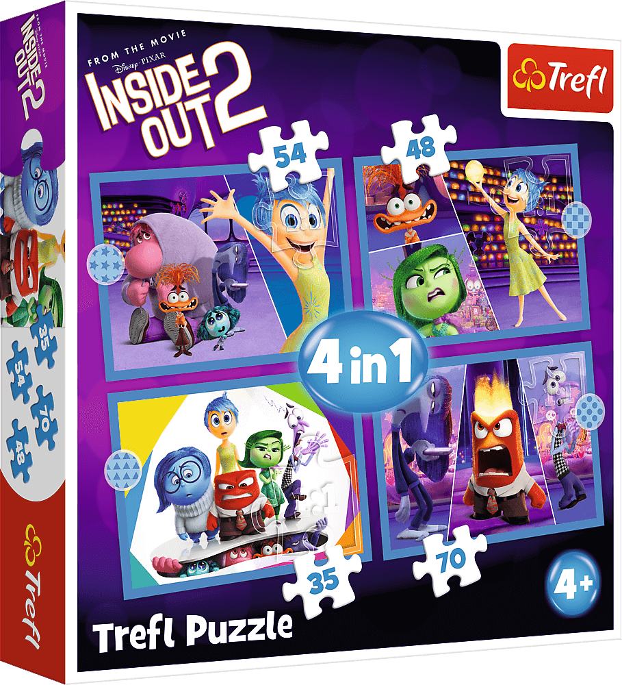 Caixa de puzzle Trefl Inside Out 2 com quatro puzzles coloridos