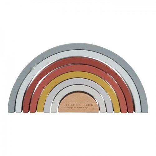 Arco-íris de madeira pintada em cinza, vermelho, amarelo e branco com base de madeira