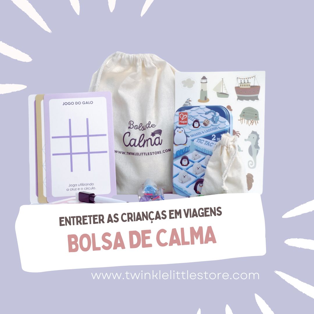 Conjunto 'Bolsa de Calma' com jogos e saco de pano branco para crianças