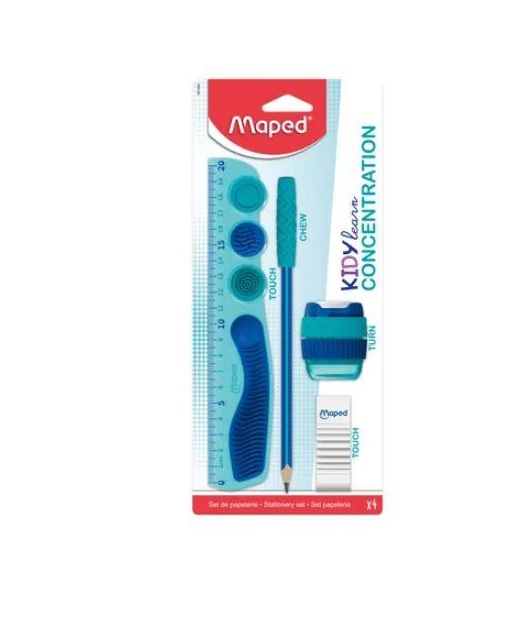 Conjunto de papelaria infantil Maped com régua e outros artigos em tons azuis e verdes