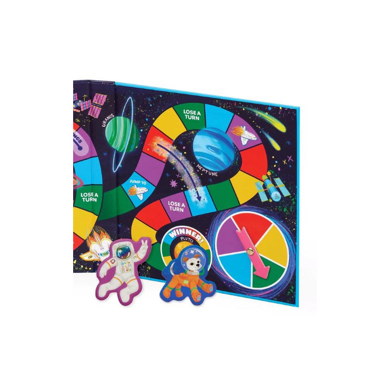 Jogo de tabuleiro com tema espacial, peças de astronauta e cão, e roda colorida para sorteio.