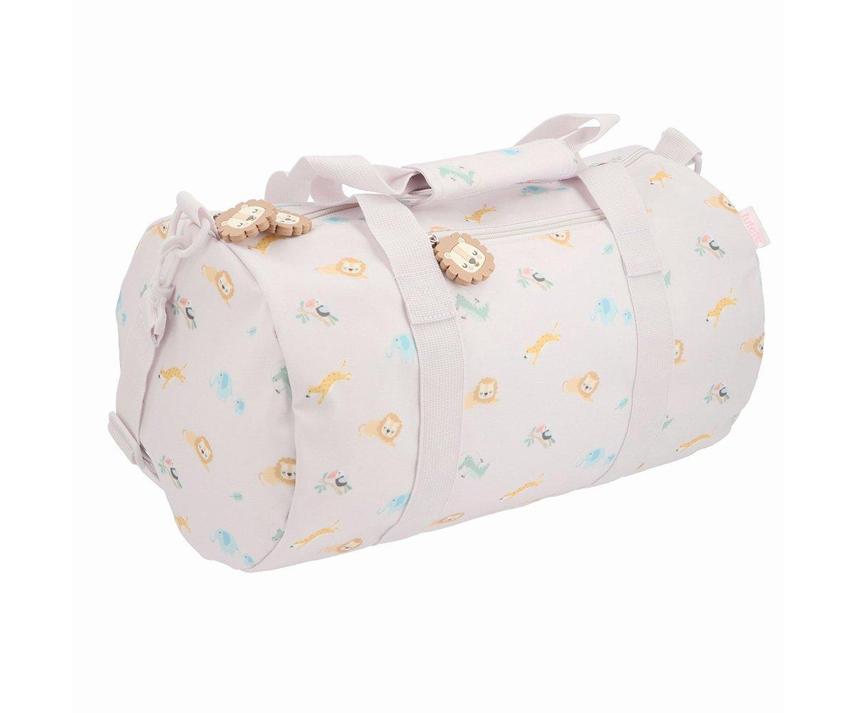 Mala de viagem rosa claro com padrão de animais e alças duplas