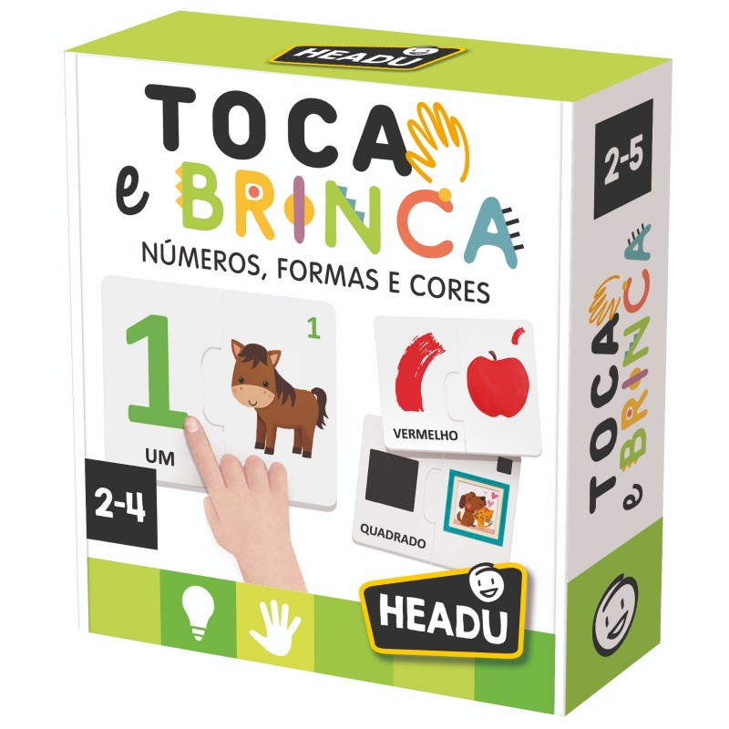 Caixa do jogo educativo TOCA e BRINCA com imagens de cartas e ilustrações coloridas.