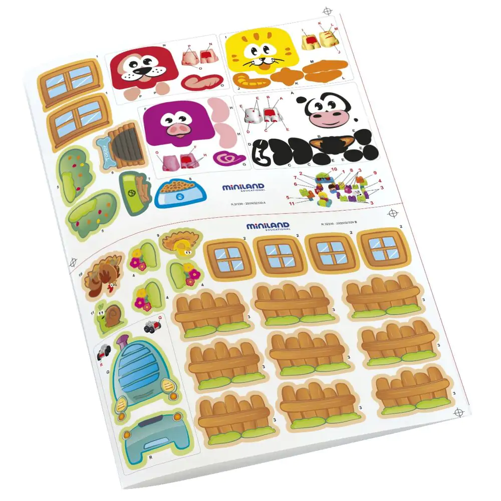 Autocolantes coloridos de animais, móveis e elementos naturais em folhas com logo MINILAND