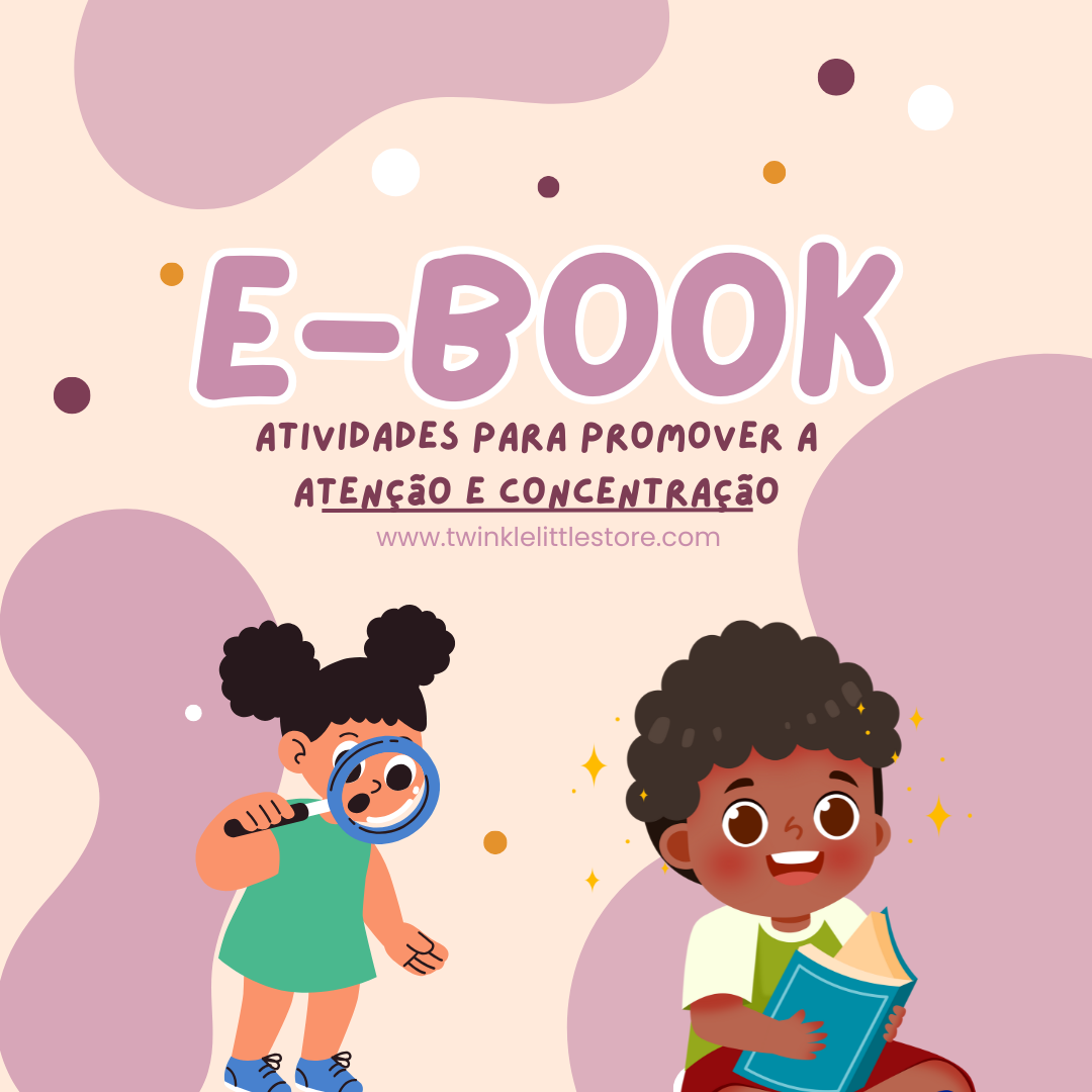 Capa de e-book com título e ilustrações de duas crianças e formas abstratas rosa.