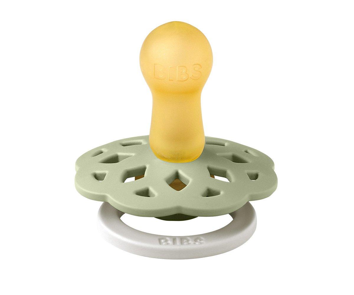Chupeta para bebé amarela e verde com anel branco e texto BIBS
