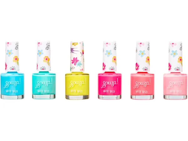 Seis frascos de verniz de unhas coloridos da marca Goug! com tampas decoradas