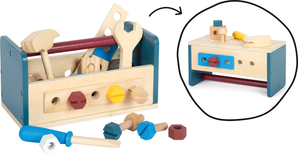 Caixa de ferramentas de madeira com ferramentas coloridas