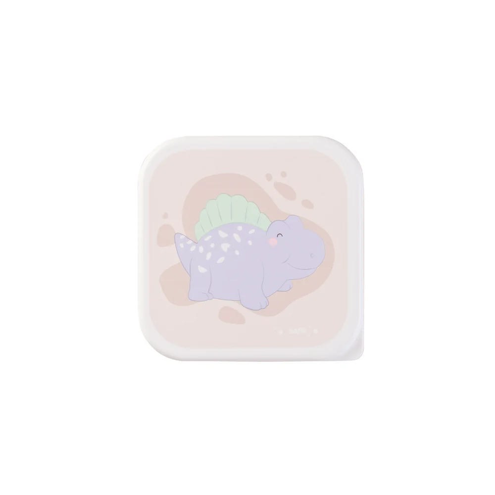 Sabonete quadrado branco com figura de dinossauro lilás e verde