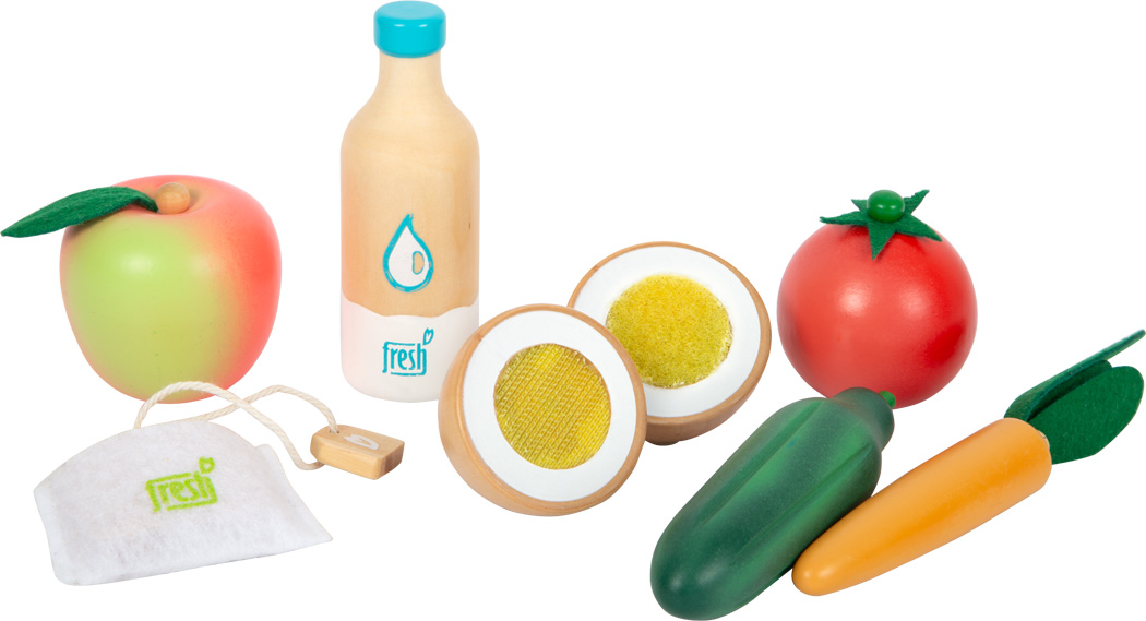 Brinquedos de alimentos em madeira e tecido coloridos sobre fundo branco