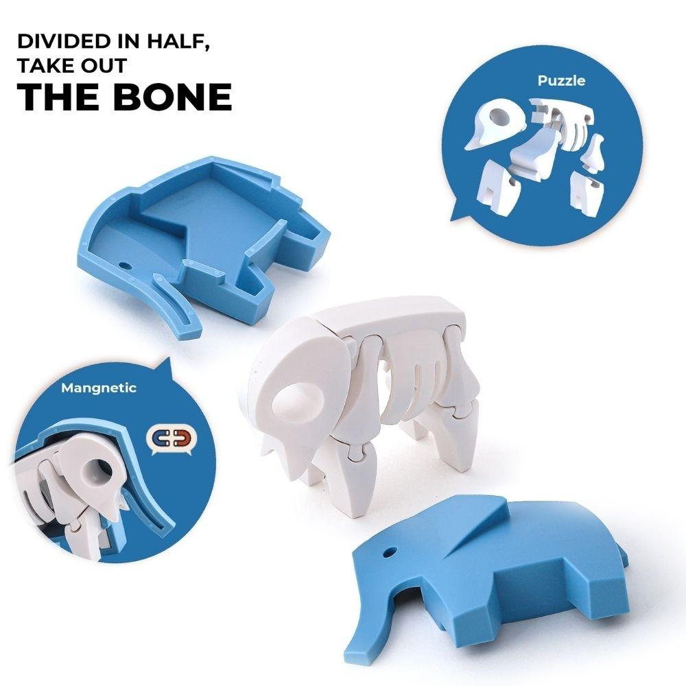 Puzzle magnético 3D de elefante azul dividido em partes