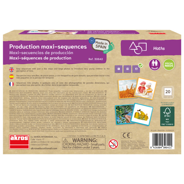 Caixa do produto Production maxi-sequences da Akros com texto e símbolos