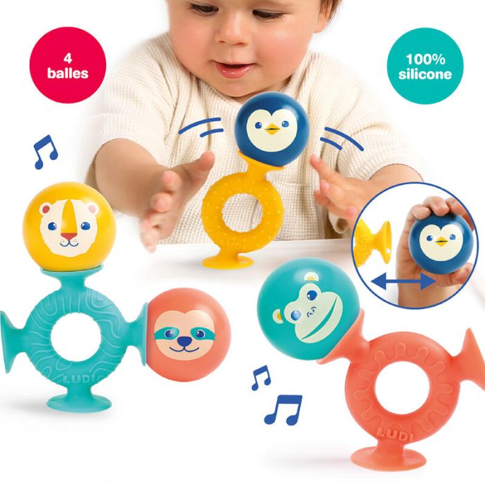 Brinquedos para bebés em silicone colorido com animais e texto 4 balles e 100% silicone