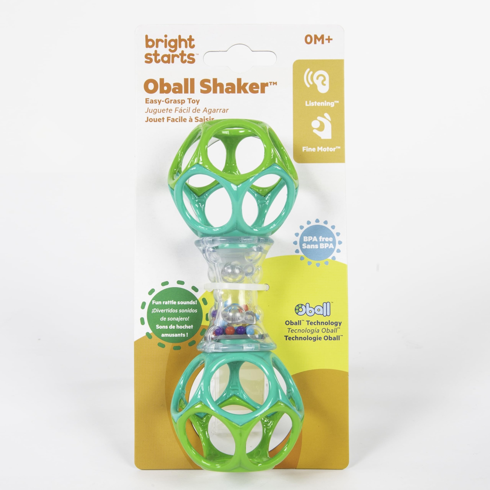 Brinquedo Oball Shaker com esferas verdes e corpo transparente em embalagem colorida