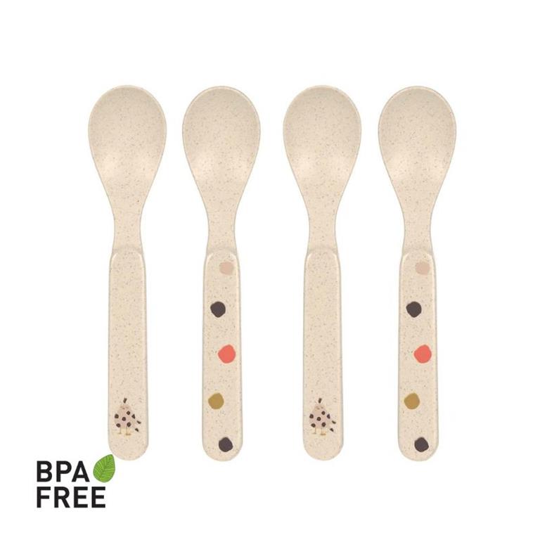 Quatro colheres de plástico bege com pontilhados coloridos