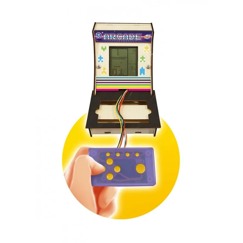 Mini máquina de arcade portátil com comando roxo e botões amarelos