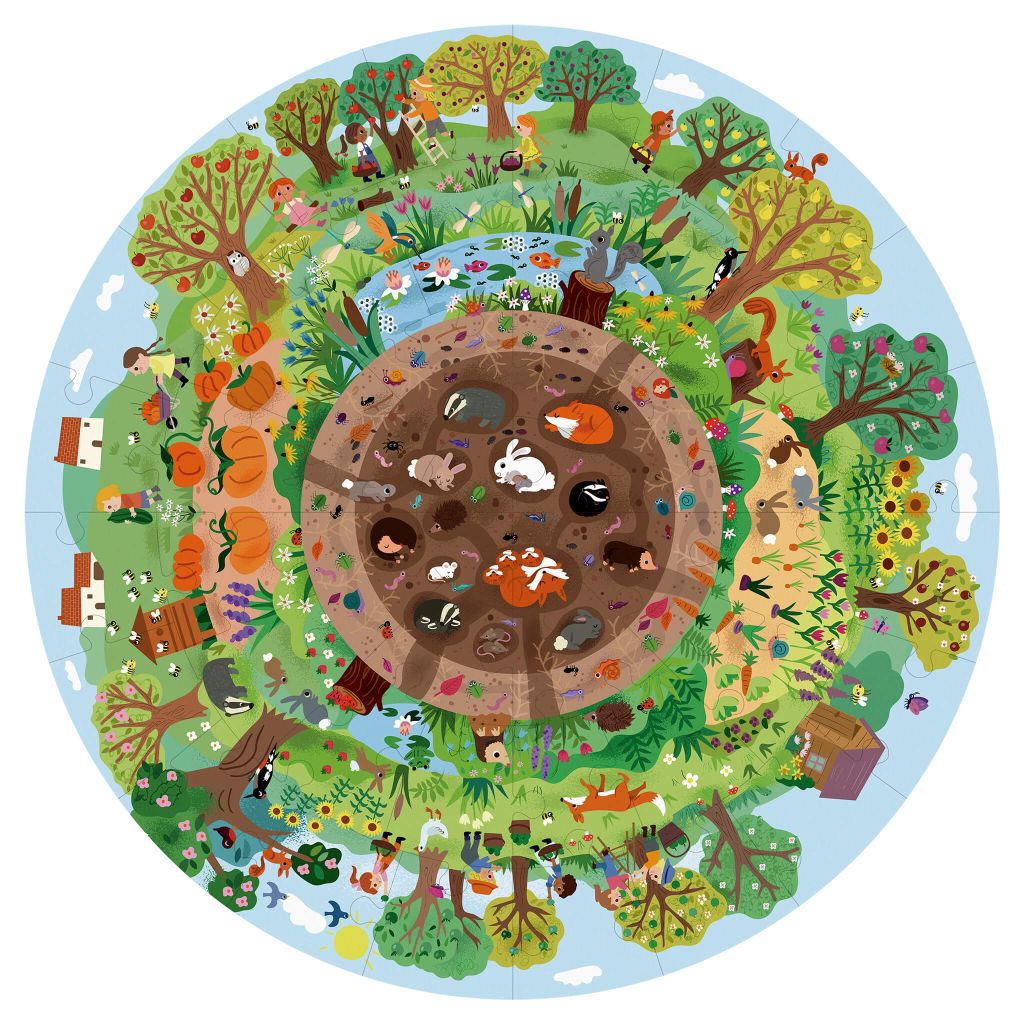 Ilustração circular de ecossistema dividido em camadas com animais, árvores, lagos e elementos agrícolas