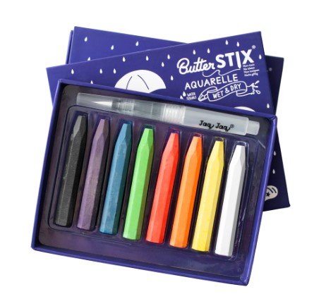 Conjunto de pastéis de cera AQUARELLE de várias cores numa caixa azul