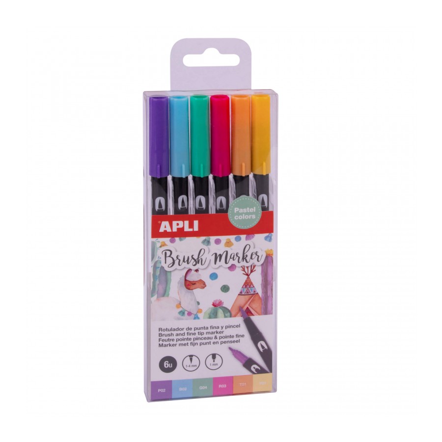 Conjunto de 6 marcadores APLI Brush Marker em cores pastéis