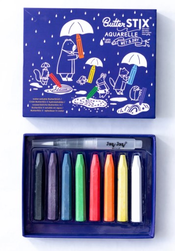 Conjunto de pastéis aguareláveis ButterSTIX em caixa azul com ilustrações e oito cores visíveis.