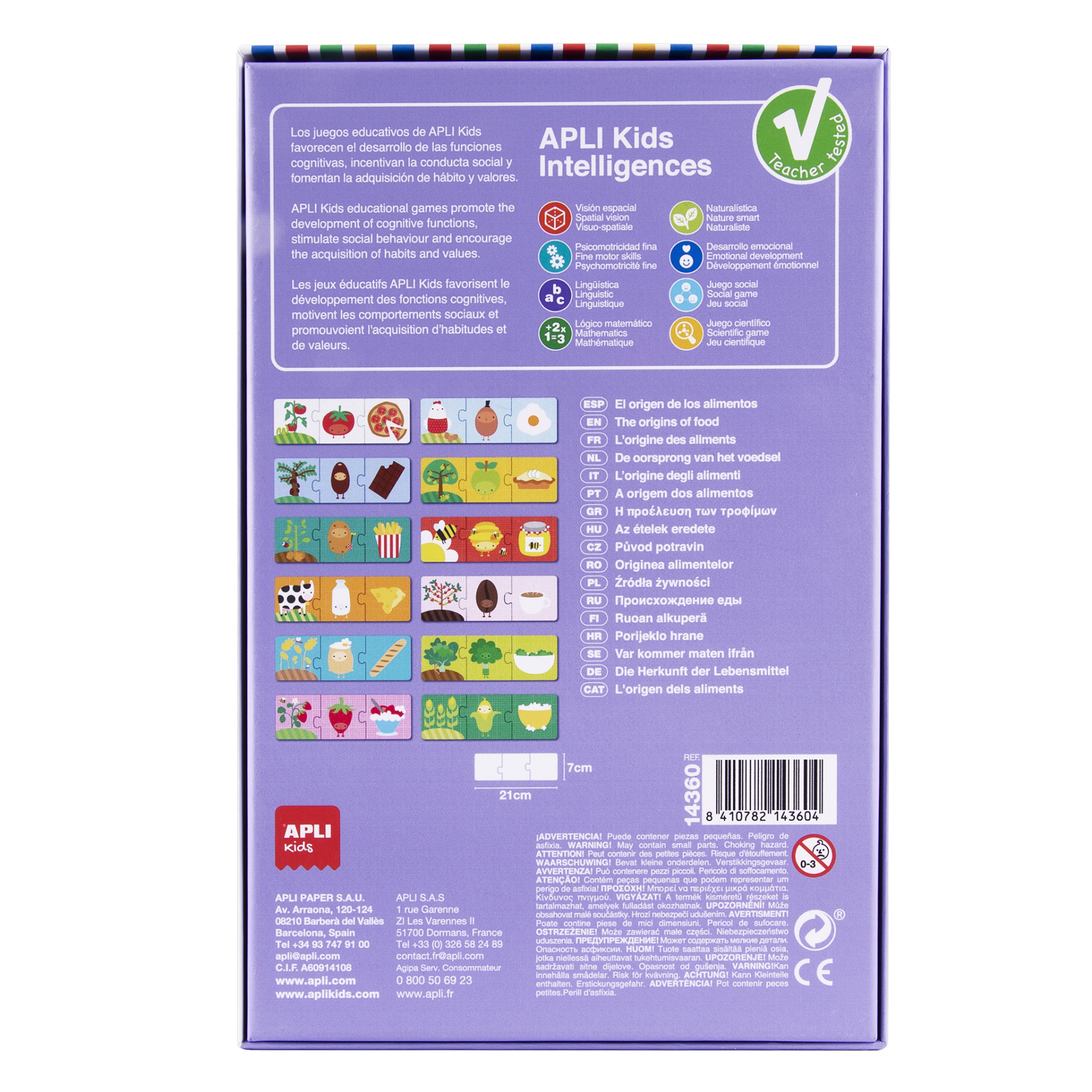 Embala ro roxa com texto, ilustrações de alimentos e códigos de barras