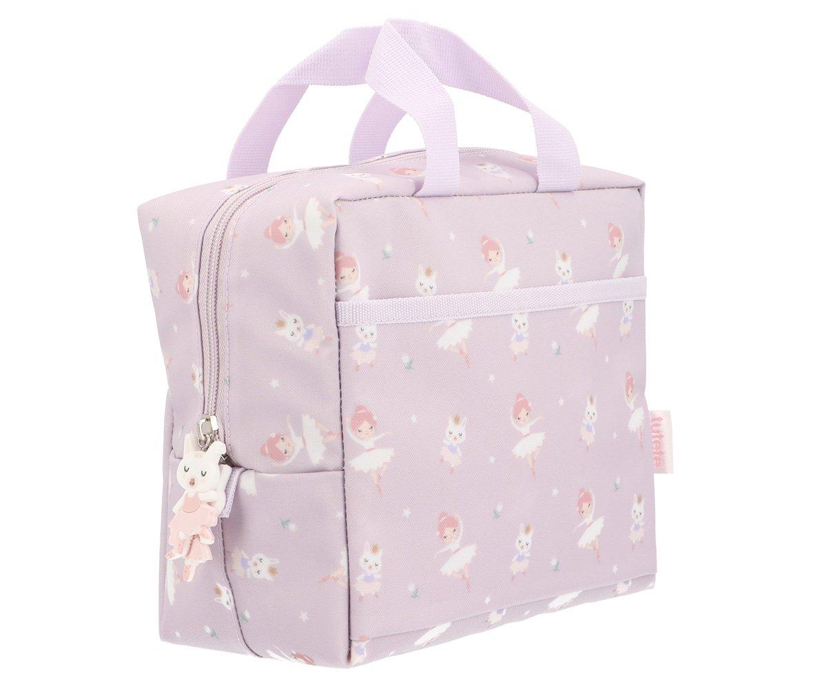 Bolsa de tecido cor-de-rosa com padrão de unicórnios e estrelas e fecho zip com pendente de unicórnio