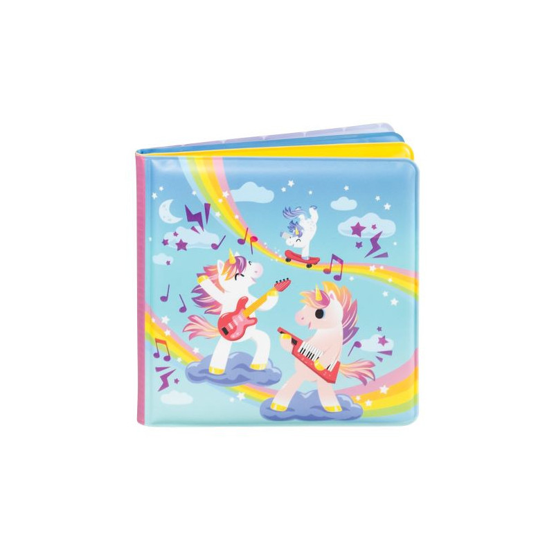 Livro infantil com unicórnios a tocar instrumentos musicais