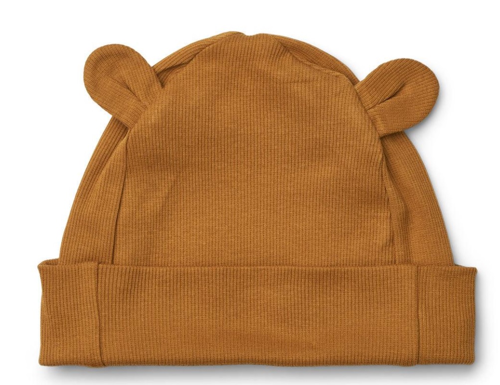 Gorro castanho de malha com aba virada e orelhas pequenas