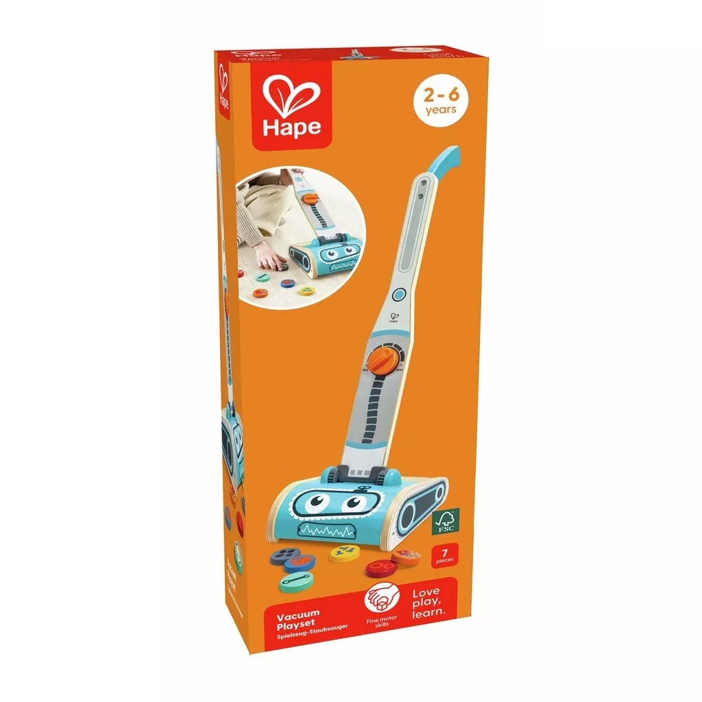 Brinquedo aspirador de pó infantil Hape na caixa laranja com detalhes em azul e branco