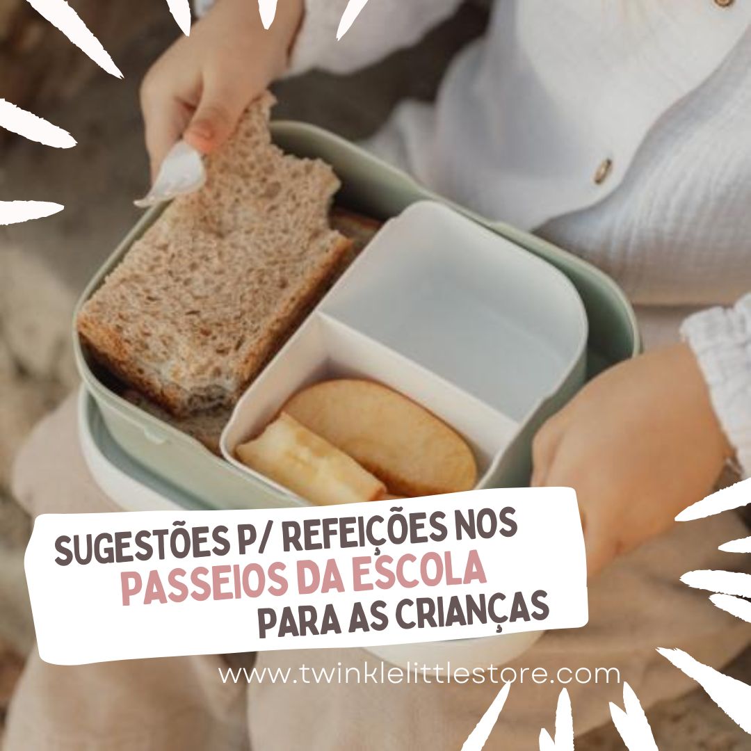 Lancheira com sanduíche e biscoitos nas mãos de criança, texto sobre sugestões para passeios da escola.