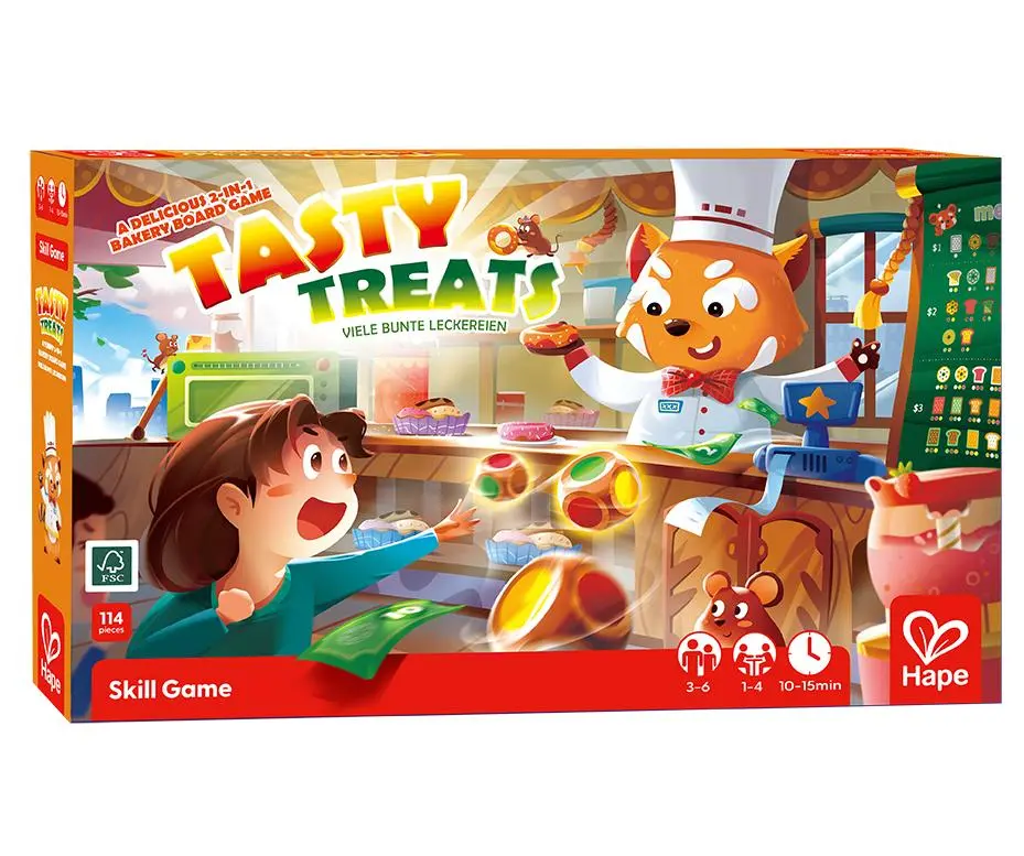 Jogo Tasty Treats com personagens animados e alimentos, embalagem colorida