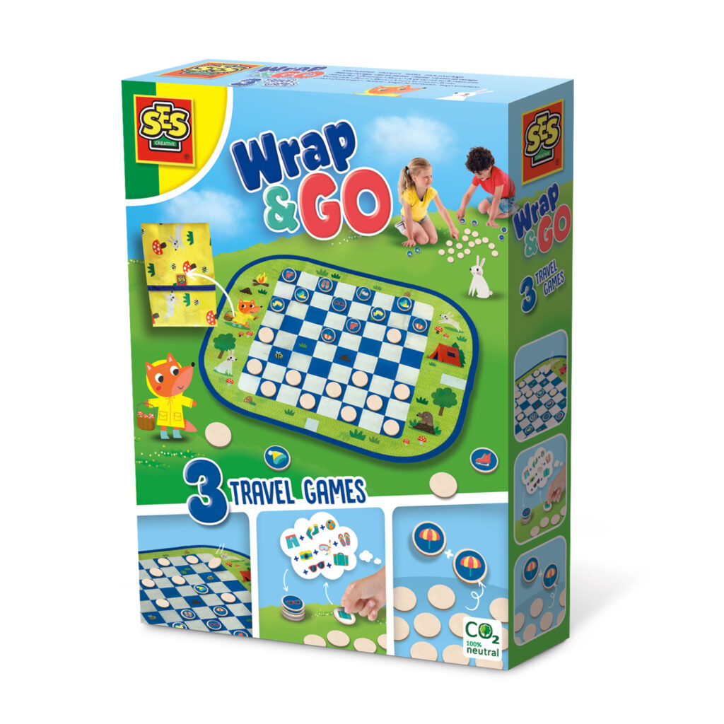 Jogo infantil Wrap & Go da SES com 3 jogos de tabuleiro de viagem, embalagem colorida com crianças e peças de jogo.