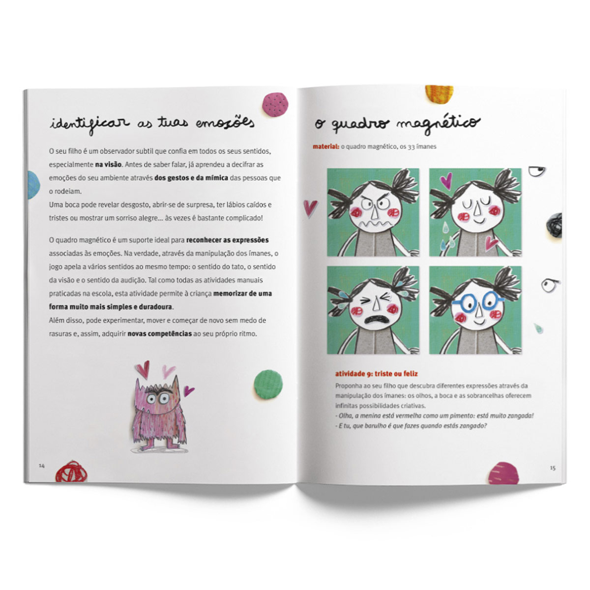 Página dupla de livro infantil com texto em português e ilustrações coloridas de rostos expressando emoções