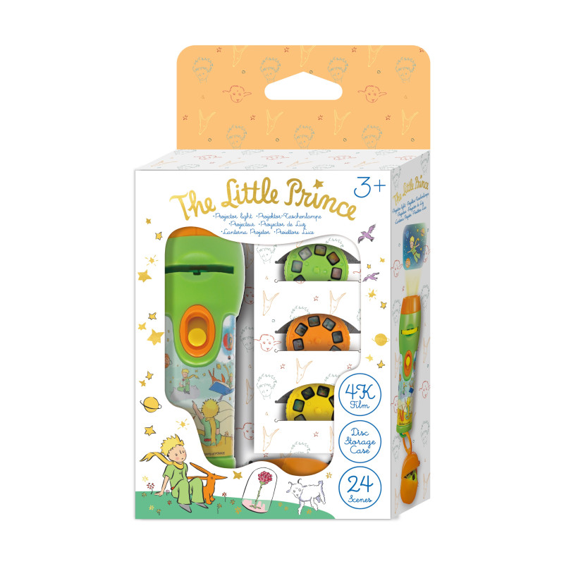 Projetor de luz infantil The Little Prince verde e laranja com três discos rotativos coloridos em embalagem decorada