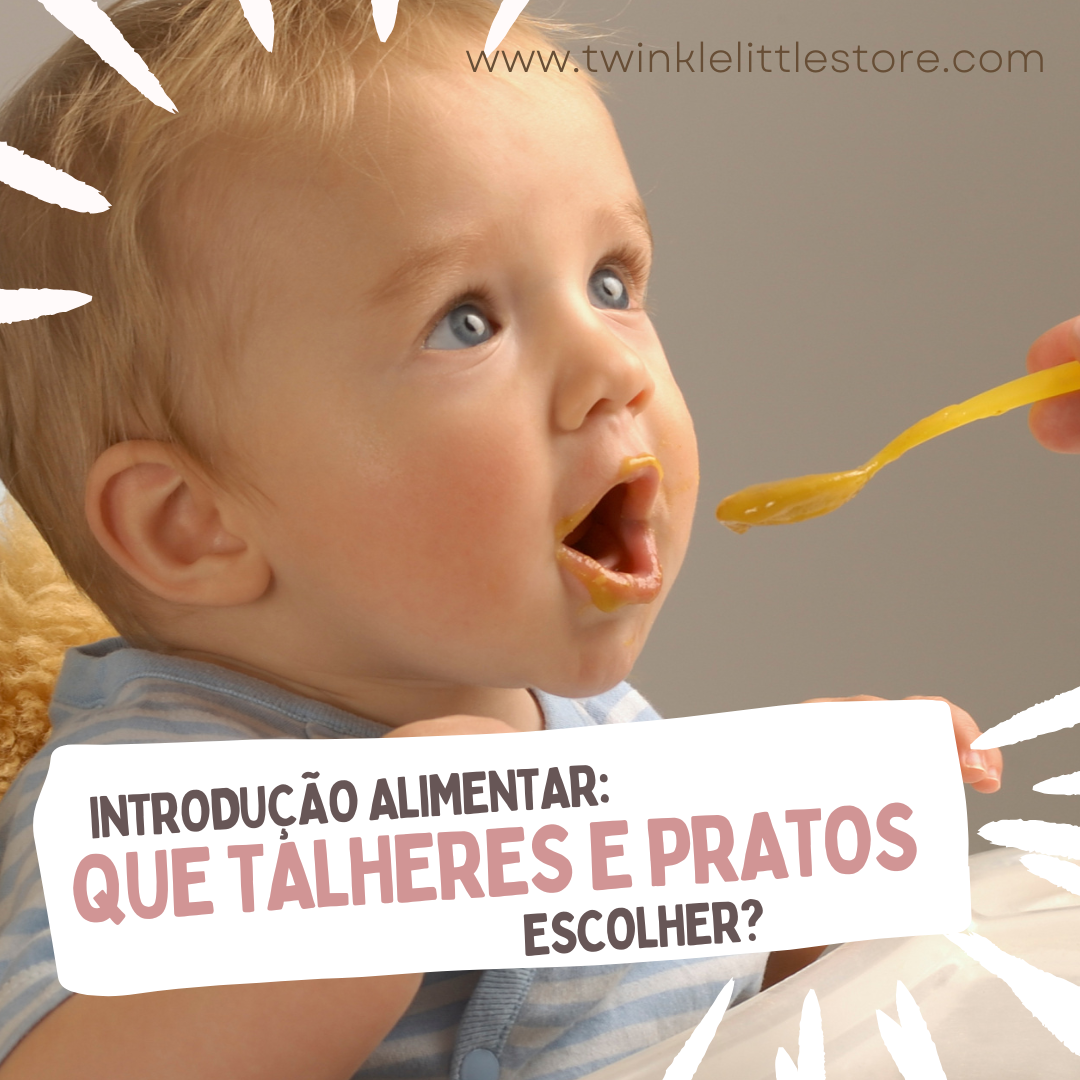 Bebé a ser alimentado com colher amarela, com texto informativo sobre talheres e pratos