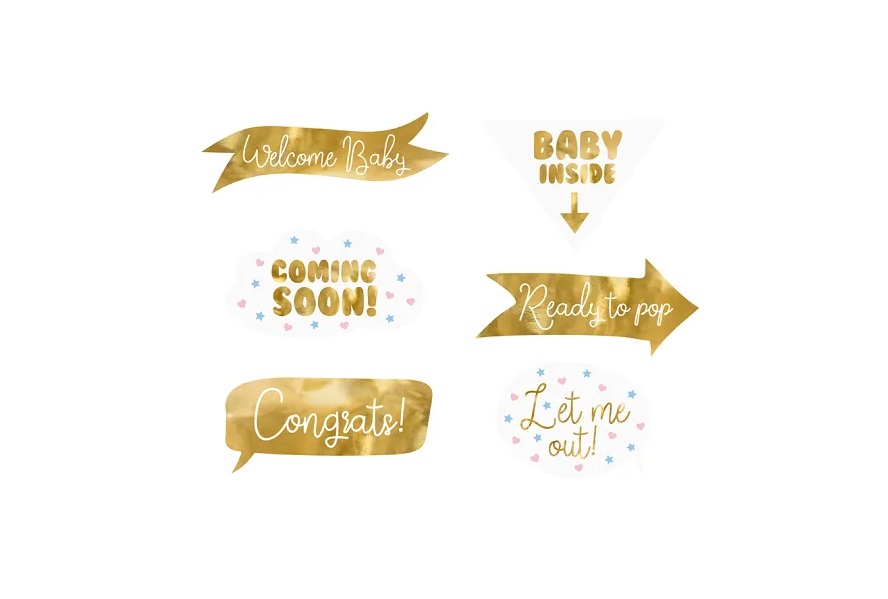 Placas decorativas para festas de bebé com frases em dourado e cores pastel.