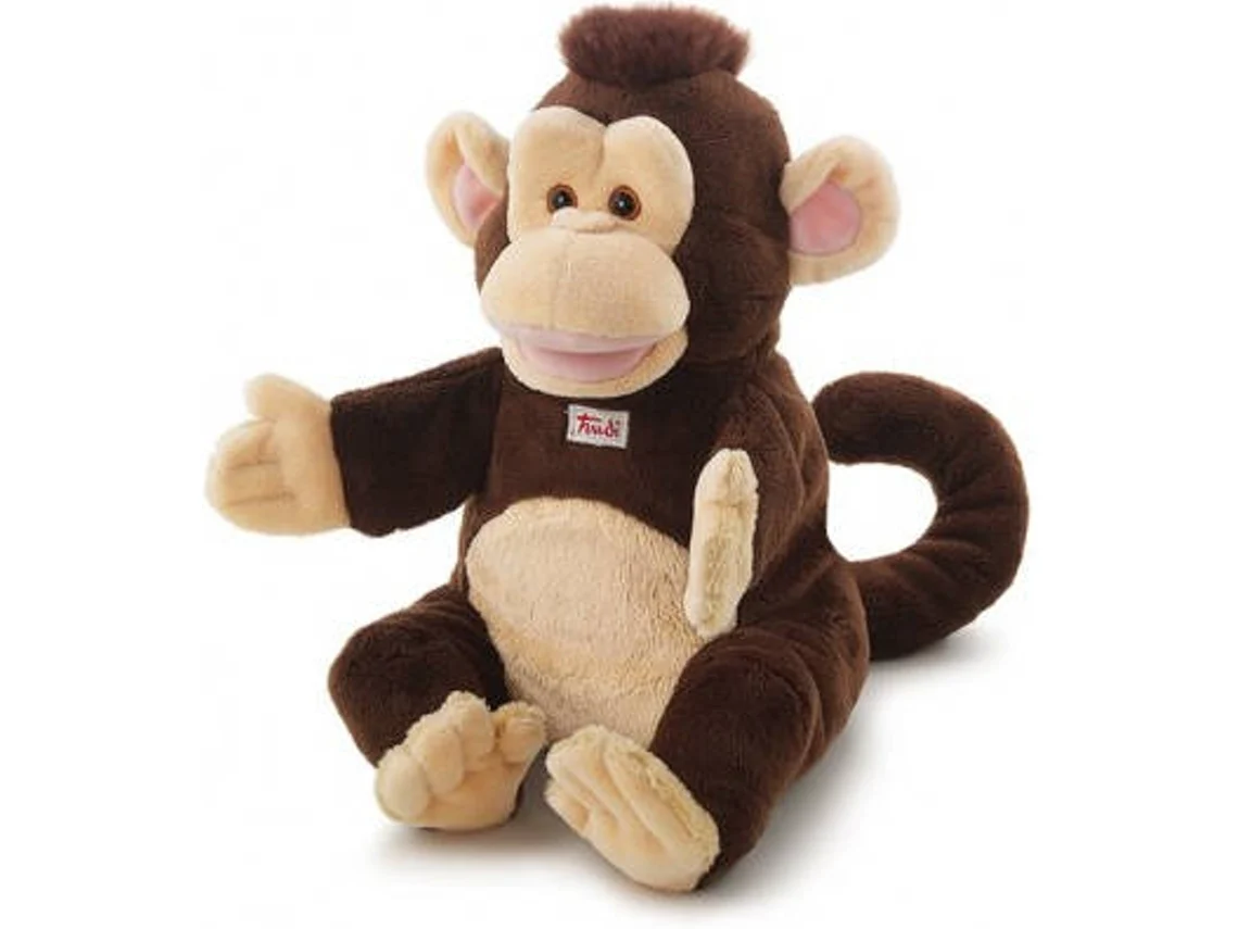 Pelúcia de macaco castanho com etiqueta no peito