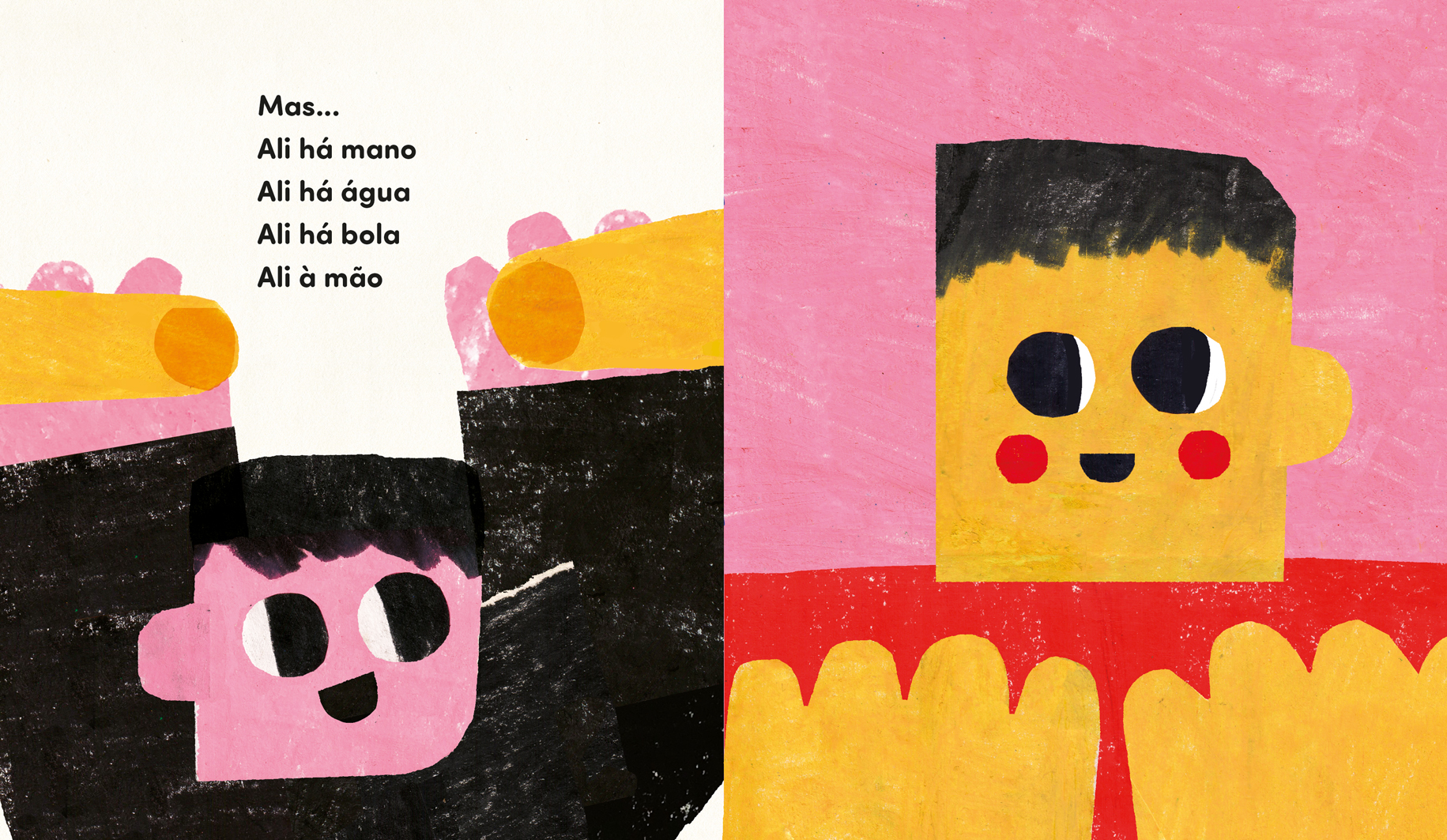 Ilustrações coloridas com texto em português e figuras abstratas de rosto e corpo.