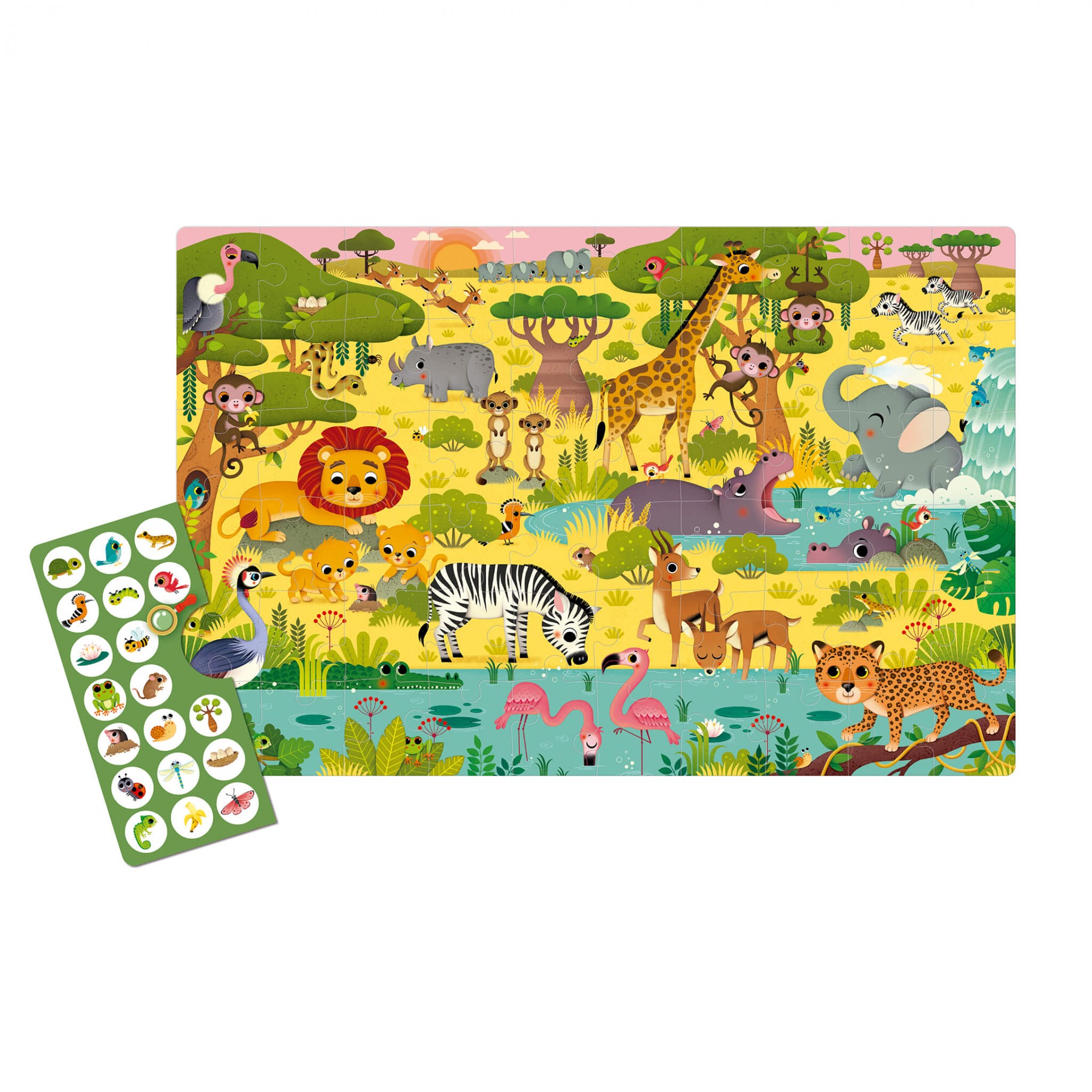 Puzzle infantil com animais da savana e cartão com figuras e nomes dos animais