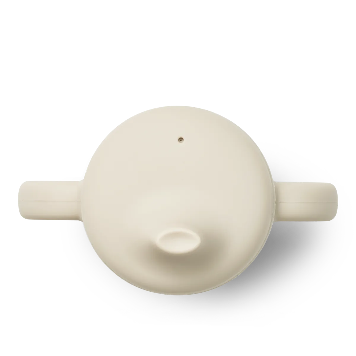 Bule de chá branco de cerâmica visto de frente com bico e tampa.