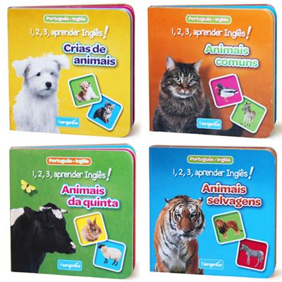 Quatro livros bilíngues coloridos para crianças com imagens de vários animais nas capas.