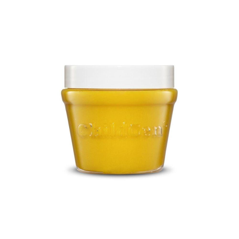 Frasco amarelo opaco com tampa branca e nome Guillard em relevo.