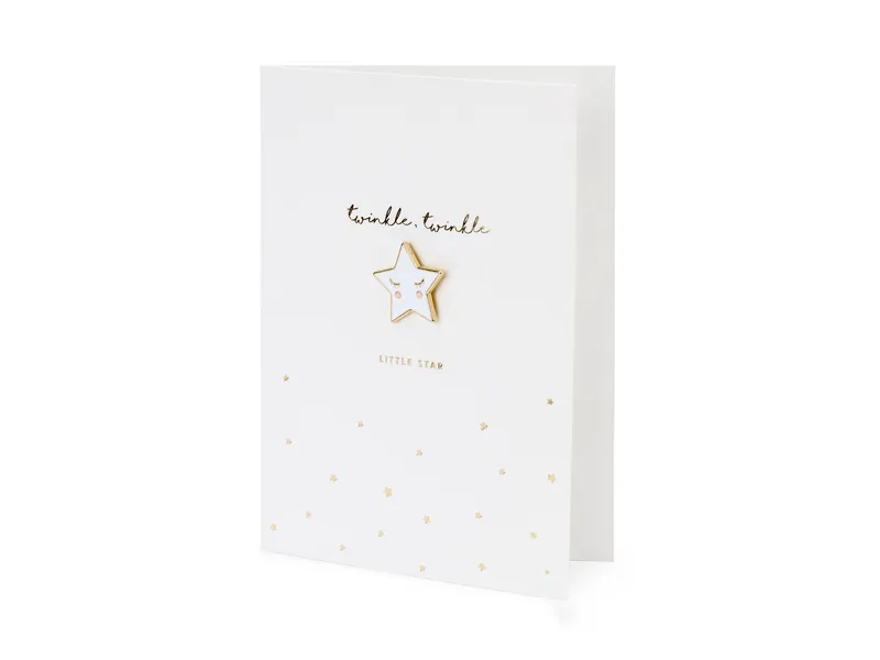 Cartão branco com estrela dourada e branca e texto 'twinkle twinkle' e 'LITTLE STAR'