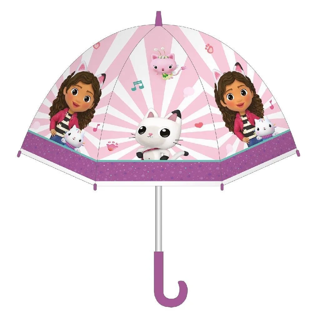 Guarda-chuva infantil rosa e lilás com personagens de menina e gatos animados