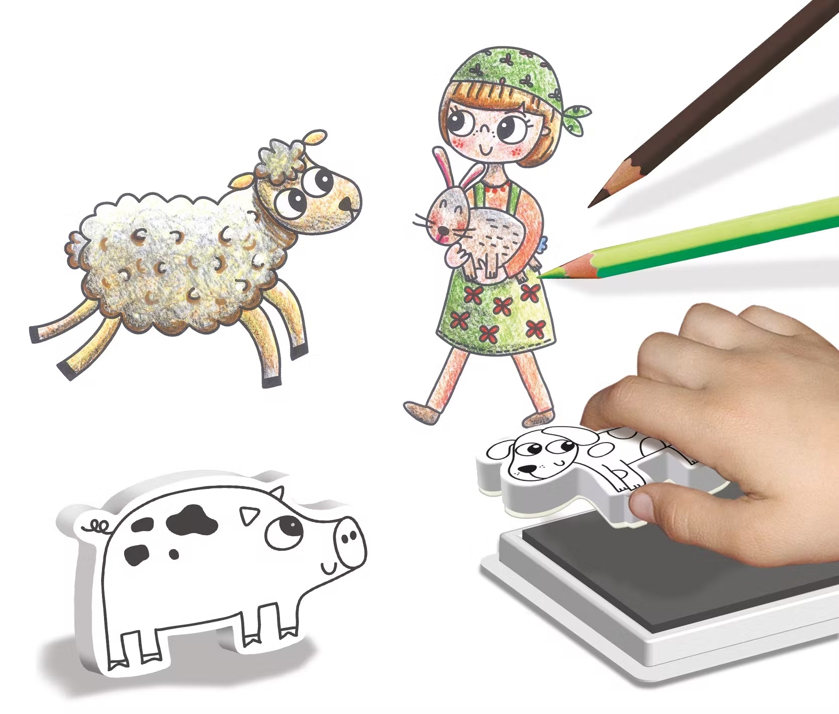 Carimbos infantis de porco e ovelha, criança colorida e lápis de cor