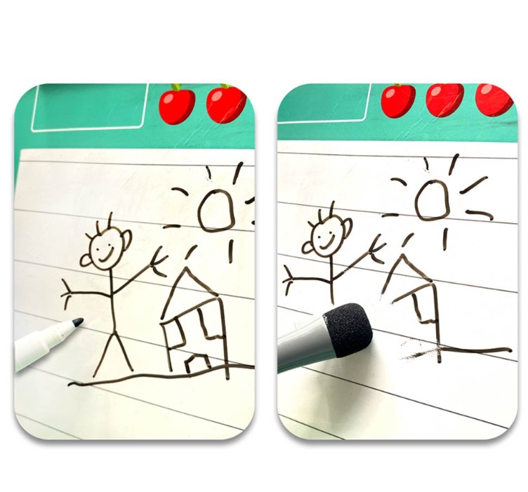 Desenho simples a marcador num quadro branco magnético com topo verde e ícones de maçãs vermelhas.