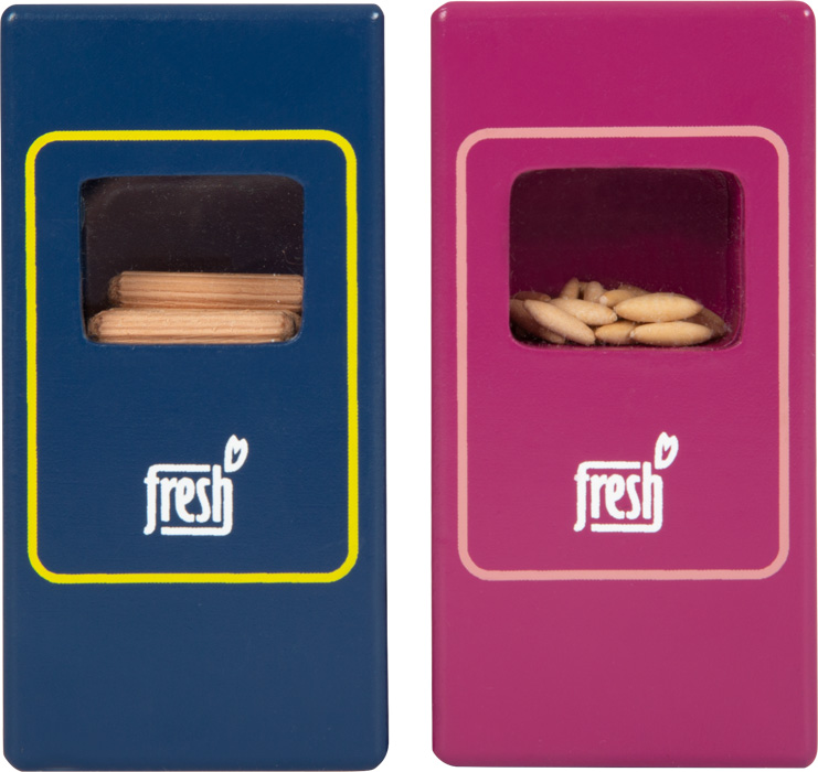 Dois recipientes de plástico azul e rosa com janelas transparentes e logotipo 'fresh'