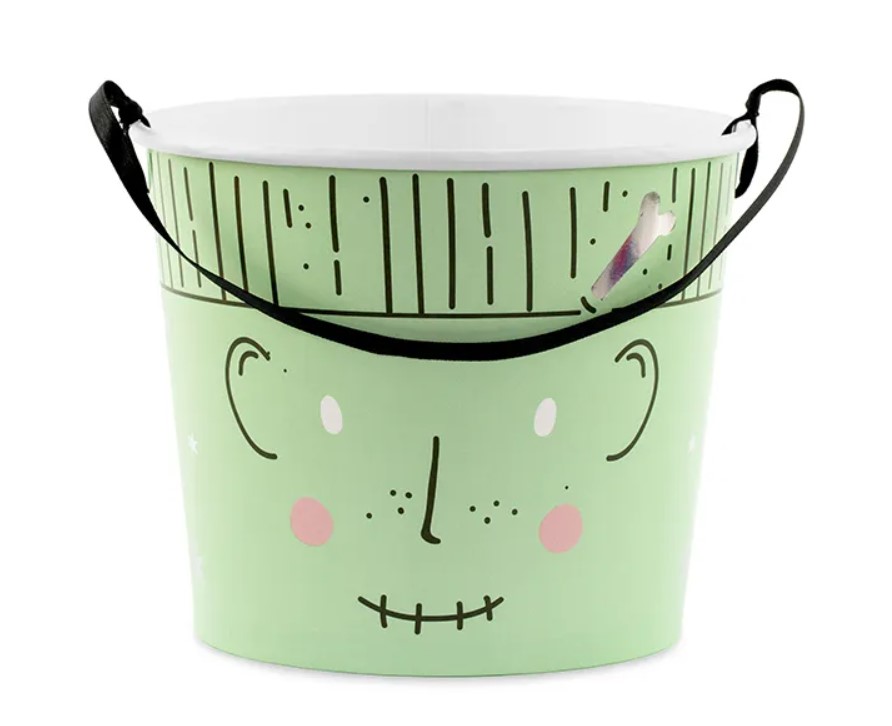 Balde verde claro com rosto desenhado e alça preta